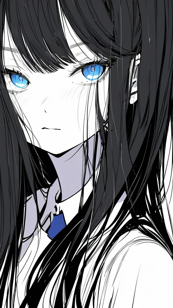 monochrome color, Blue Art, grayscales、​masterpiece、top-quality、Top image quality、straight haired、Hanging eyes、kawaii、A dark-haired、blue eyes、the wind、ビル群、長い脚
