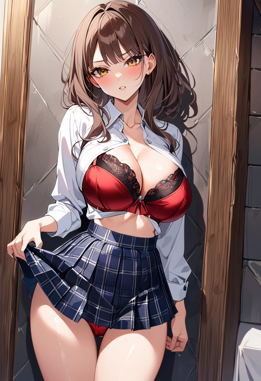 10th Generation,A beautiful woman,Beautiful breasts,Tight waist,Moe,Brown Hair,A short white button-up collared shirt,Red, flashy, front-hook satin bra,Red satin panties,Pleated skirt with dark blue plaid pattern,Black knee-high socks,Show off your body,Provocative look