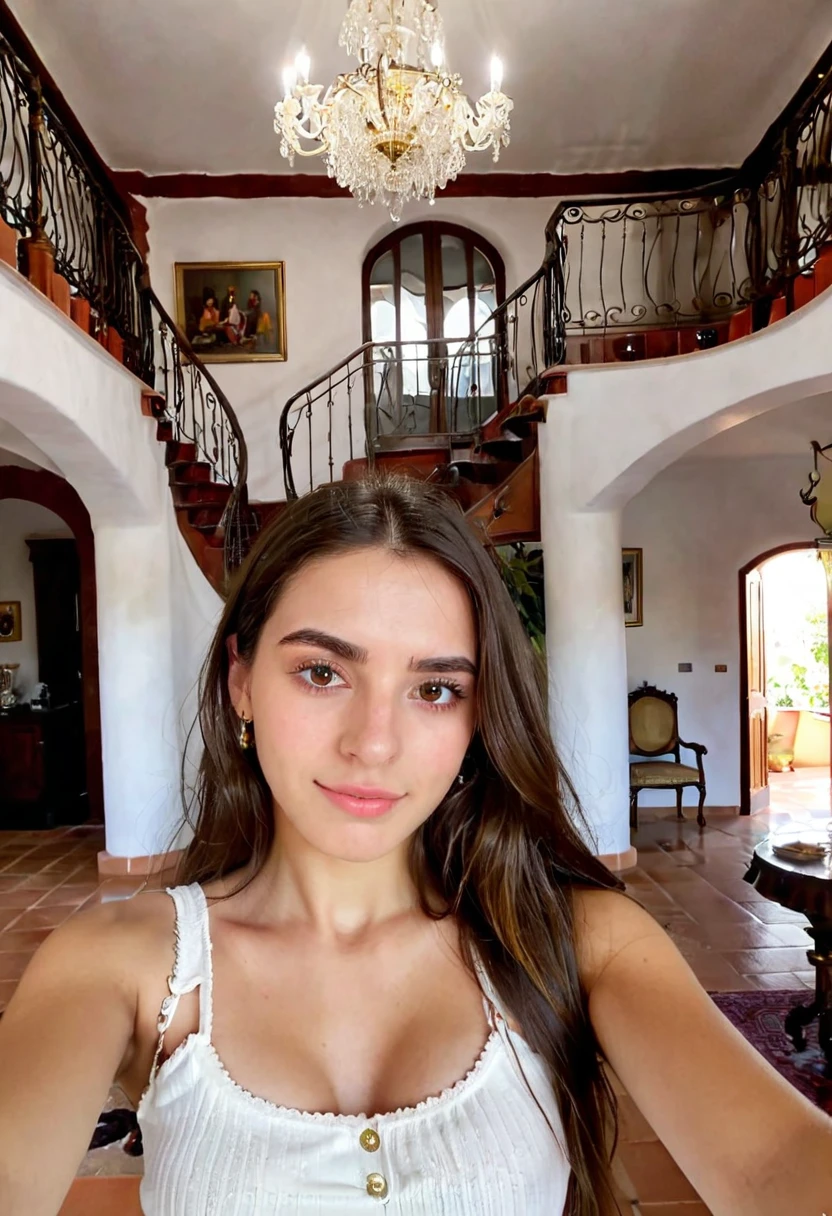 A realistic selfie of a 20 year old intimidating female Spanish inside a fancy Spanish house 