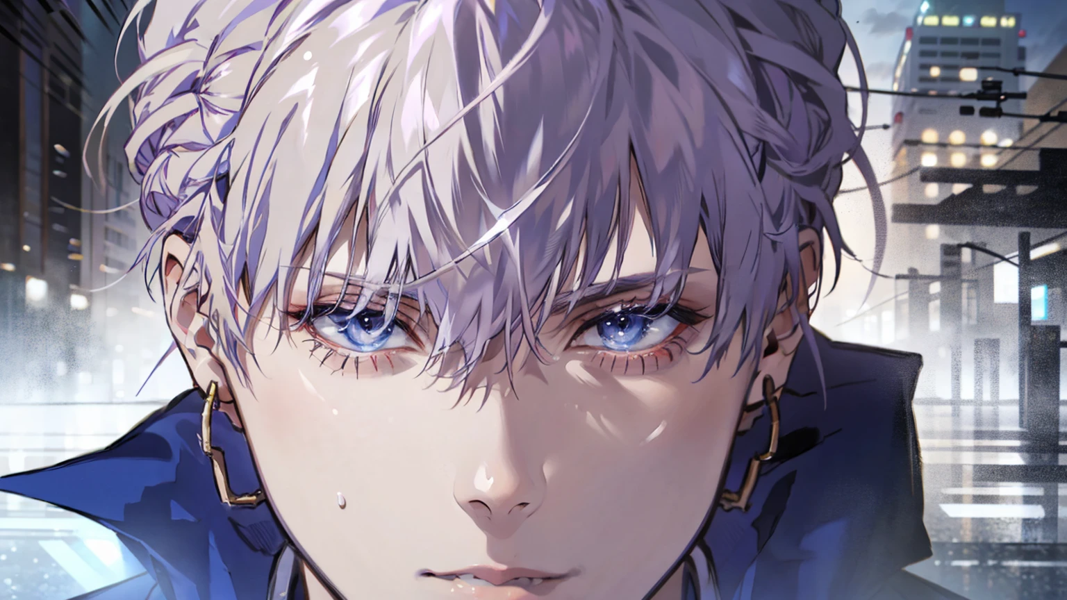 (best quality,4k,8k,highres,masterpiece:1.2),ultra-detailed,(realistic,photorealistic,photo-realistic:1.37),1 man,31 years old,mature man,very handsome,without expression,smile,short grey purple hair,blue eyes,penetrating gaze,perfect face without errors,imposing posture,businessman,office background,cinematic lighting,hdr image