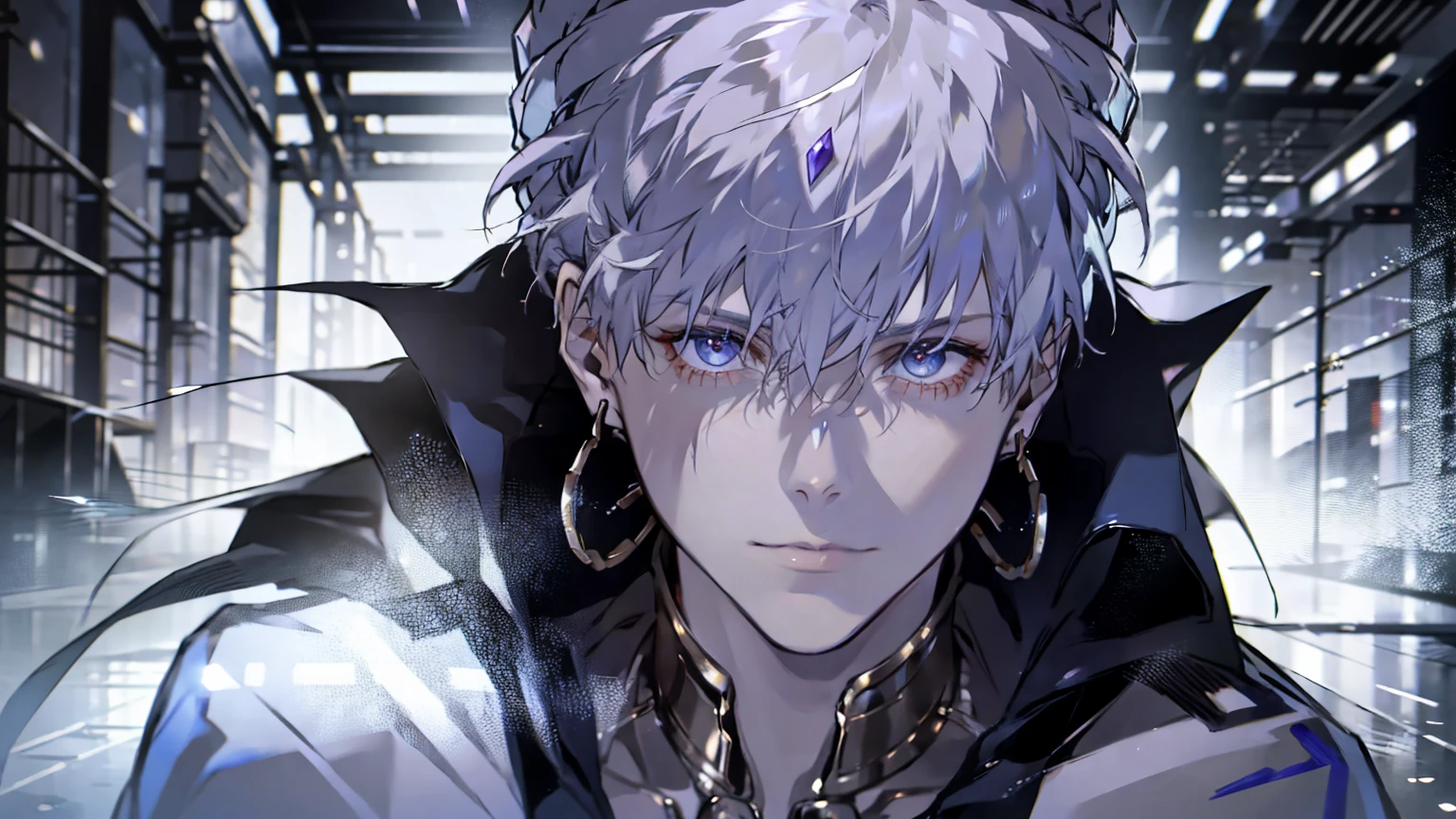 (best quality,4k,8k,highres,masterpiece:1.2),ultra-detailed,(realistic,photorealistic,photo-realistic:1.37),1 man,31 years old,mature man,very handsome,without expression,smile,short grey purple hair,blue eyes,penetrating gaze,perfect face without errors,imposing posture,businessman,office background,cinematic lighting,hdr image