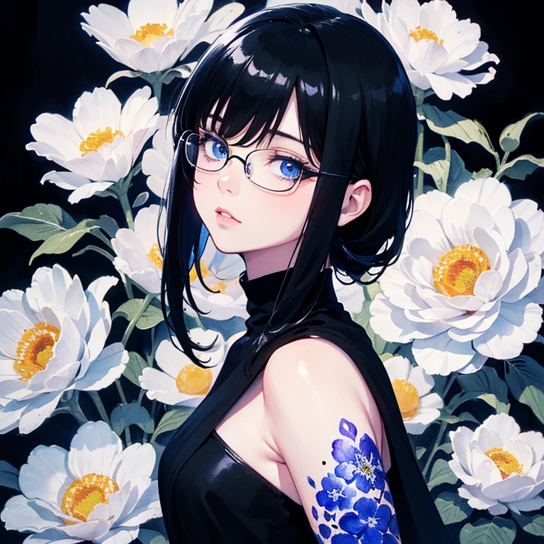 (masterpiece),(Highest quality:1.2),(8K Anime),1 Girl,Beautiful and delicate blue eyes,(Beautiful silky black hair:1.2), black dress with flowers,(Realistic),Detailed skin, Unfairly Beautiful,((Ink painting floral background)),White Theme,Cinema Lighting,Body Shot,High Contrast,Glasses