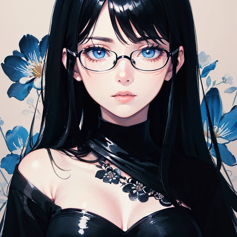 (masterpiece),(Highest quality:1.2),(8K Anime),1 Girl,Beautiful and delicate blue eyes,(Beautiful silky black hair:1.2), black dress with flowers,(Realistic),Detailed skin, Unfairly Beautiful,((Ink painting floral background)),White Theme,Cinema Lighting,Body Shot,High Contrast,Glasses