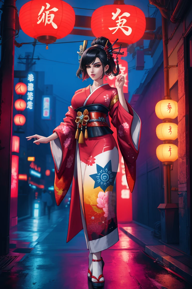 there is a Japanese geisha standing, 3D neon art of a woman&#39;s body, neon-noir background, femme fatale cyberpunk, seductive cyberpunk dark fantasy, cyberpunk strip clubs, cyberpunk 20 years. oh model girl, cyberpunk oppai, flag, high definition cg society, cg society masterpiece, trends on cgstation, kda, random hair, looking at the camera, gigantic breastss, neckleace, (highly detailed skin:1.2), 8k hd, dslr, super lighting, high qualiy, Film grain, high resolution, highy detailed, hyperrealisti, beautiful  face, Body cute, beautiful eyes nose lips, seductive expression, very bold, top visible, photo by full body, standing with legs apart, pale skin, translucent and shiny, most beautiful  face, cute, (well-defined pubic hair:1.2)), (dark smooth black background:1.4))