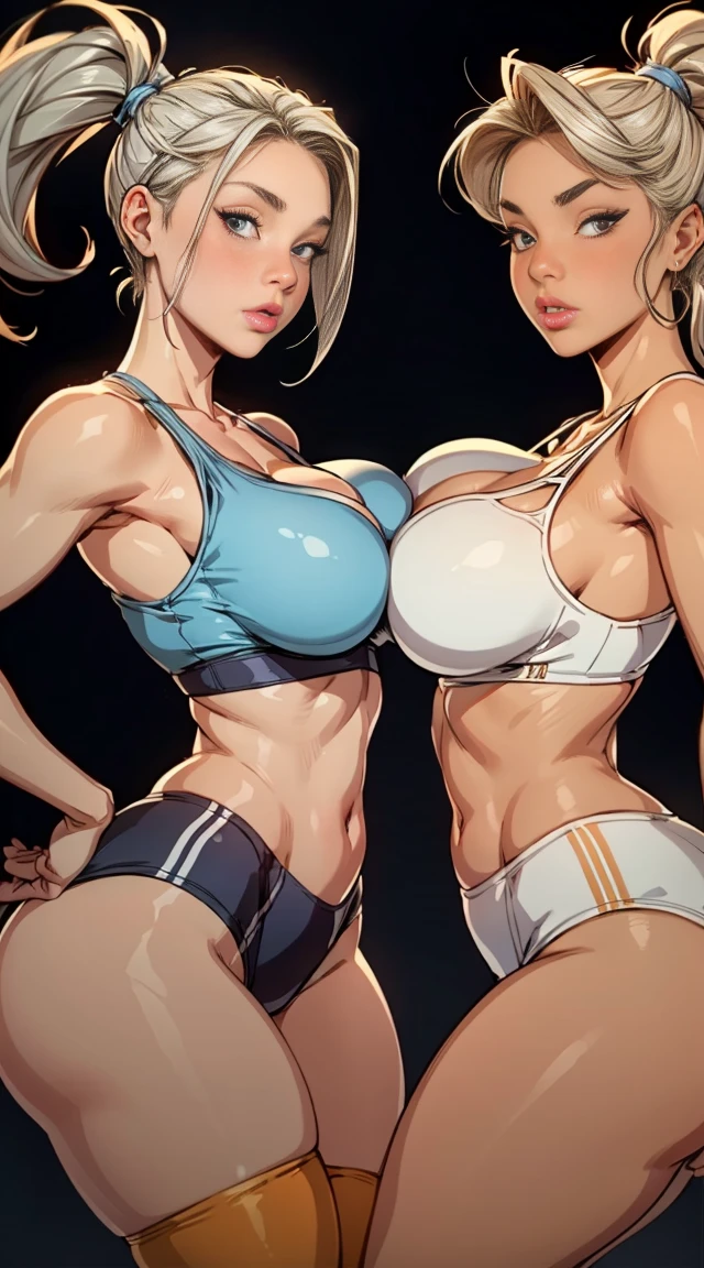 Best quality, two mature twin women, giant breasts, giant ass, very curvy, blonde styled hair, marvelous eyes, full lips, seductive, high ponytail, sexy blue sports bra, orange yoga shorts, silver hoops, thick thighs, curvy physique, facing viewer