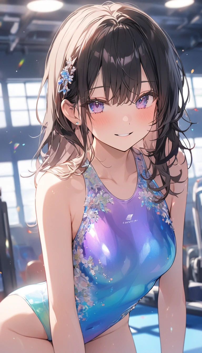 highquality illustration, masterpiece, very delicate and beautiful, attractive girl,(gymnastics leotard, Floral patterns leotard,long sleeve leotard with glittery decoration,high_leg leotard,athletic leotard,tight-fit leotard,iridescent gradient leotard,long-sleeve leotard),thin,slender body,slim,high school,gymnasium background,gymnastics club,gymnastics athlete,princess, beautiful eyes,light smile,(masterpiece, best quality:1.2), highres, extremely detailed CG unity 8k wallpaper, perfect lighting, Colourful, ultra-high res,4K,ultra-detailed, photography, 8K, HDR, 17 ages, full body,