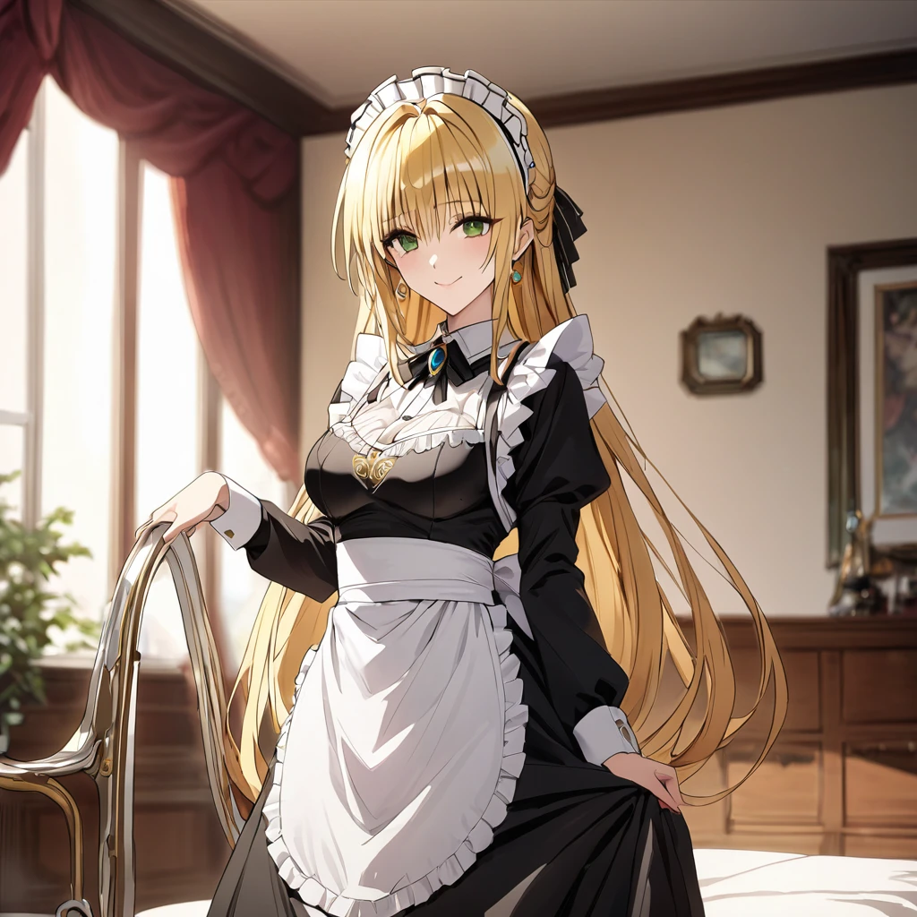 The luxurious and high-class Victorian maid outfit is evenly decorated with gorgeous gold embroidery and edging, and the blouse, apron, and headband also have gorgeous gold embroidery and edging.、((Highest quality)), ((masterpiece)), (detailed), (Perfect Face)、The woman is Tierre, with green eyes, medium-long blonde hair, a Victorian maid outfit and maid headband, jeweled earrings, and an engagement ring.、The woman is smiling fondly in a luxurious room、The Victorian maid uniform is a calm, old-fashioned type with long sleeves and a long skirt, decorated with luxurious gold embroidery and edging.
