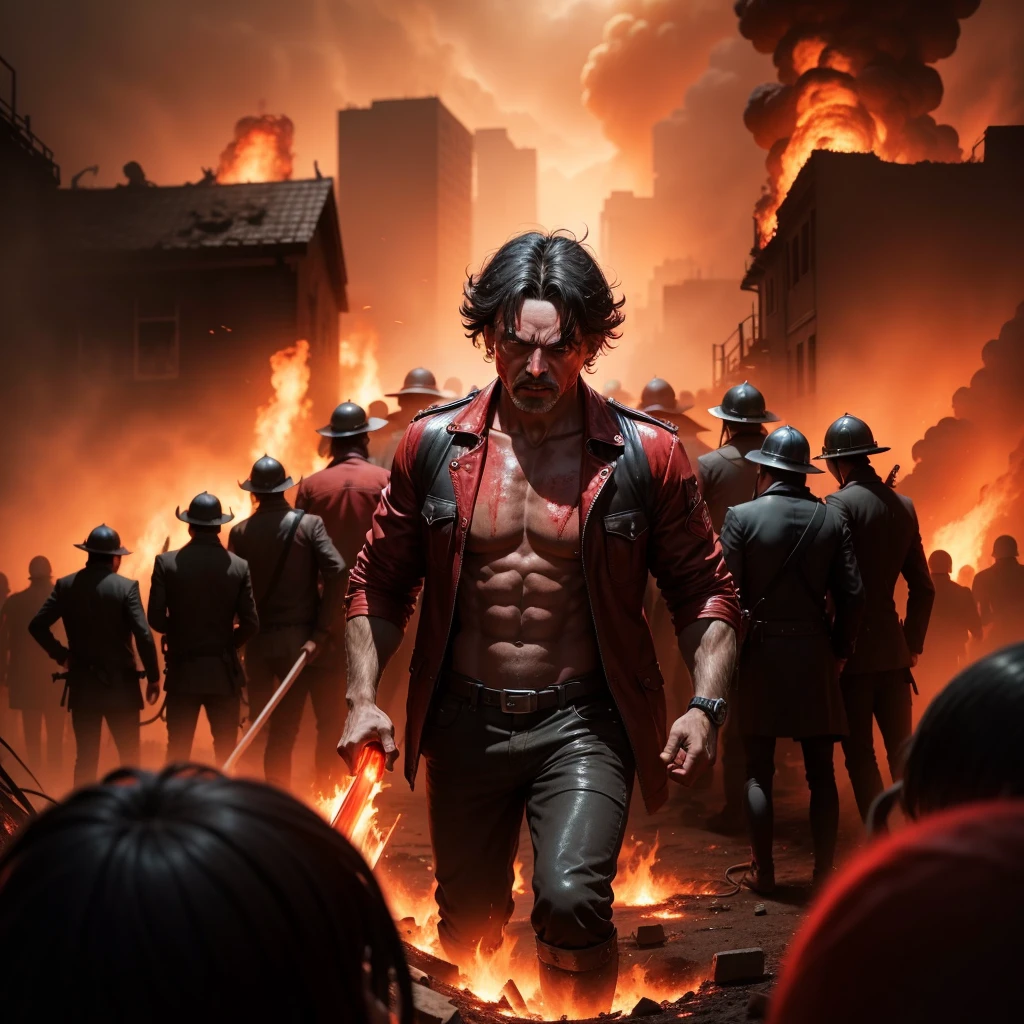 Hell and people one man are red because of the intensity of the fire.