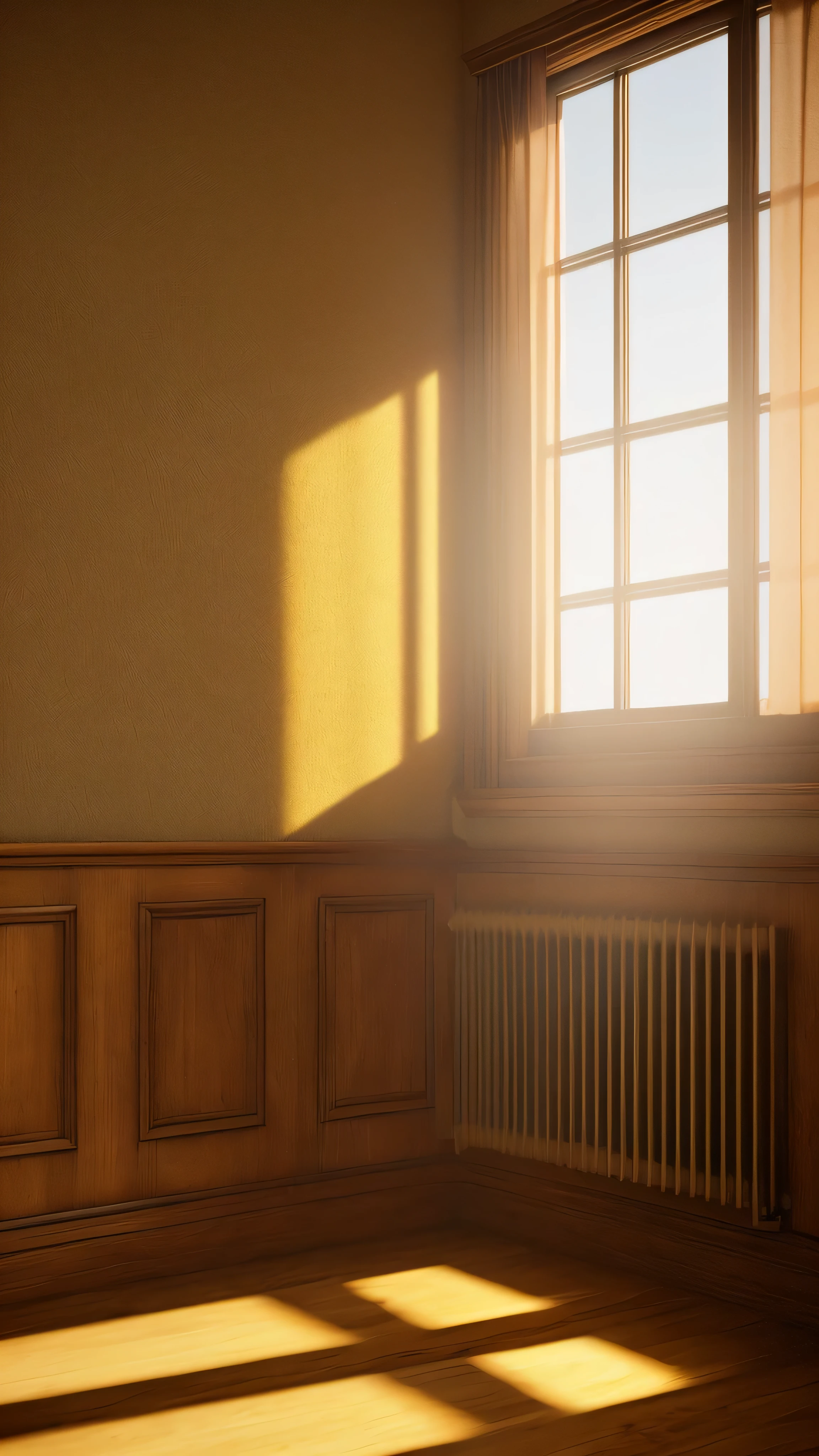 room at golden hour, sunlight streaming through windows, warm lighting, detailed textures, high quality, photorealistic, 8k