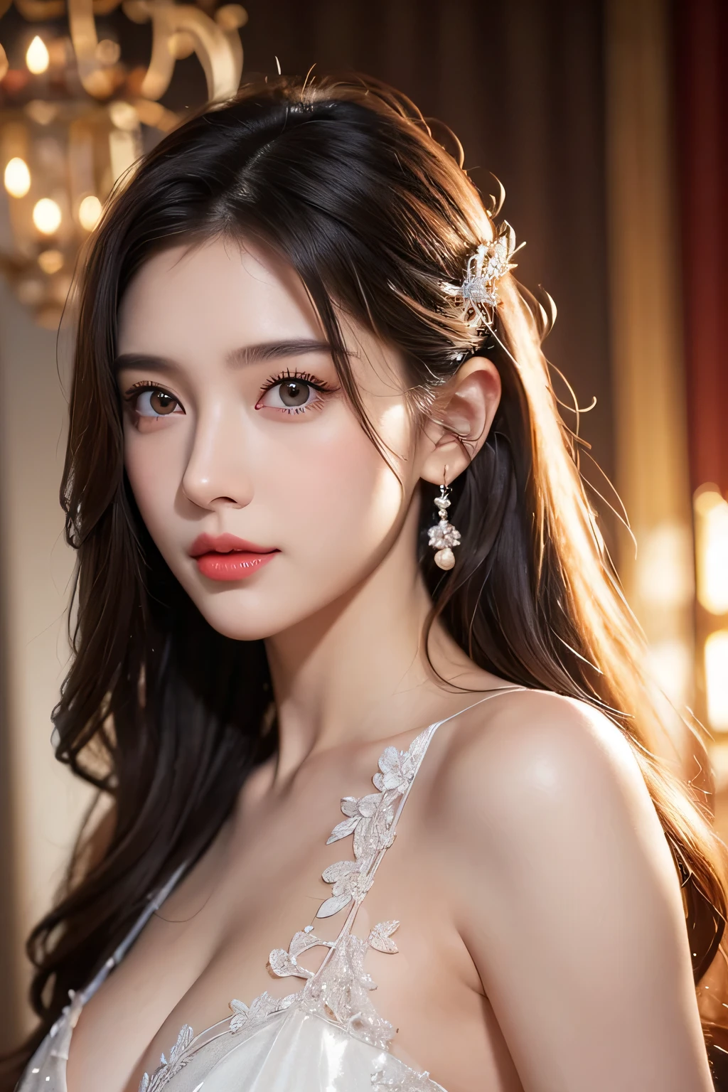 High-quality work,Realistic works,Super premium graphics,8K HD CG works,high quality graphics,High-definition and exquisite CG works,10x pixels,Ultra-fine details:1.1,Advanced technical details:1.1Realistic photo effects,Interior lighting effects:1.5,natural soft light:1.5. Light effect(Virtual light effects:1.8),ultra high resolution,shining dress,sliver long hair,silber hair,transparenthair,high detailed hair(Quality hair details:1.1)Clear eyes,Double eyelids look good,Sharp eye makeup, Create exquisite eyelash makeup, tthin eyebrows, Ultra-detailed eyes,a tall nose, lovely red lips, rosey cheeks, With delicate makeup on her face , pretty face, The face shape is perfectly proportioned,(Advanced facial details:1.1)Official art、Beautifully Aesthetic:1.2)、(1girl in)、ighly detailed、(Fractal Art:1.3)、colourfull、highestdetailed,(Poses in motion:1.4)、Detail Beautiful delicate face、Detail Beautiful delicate eyes、Very fine eye definition, (Symmetrical eyes:1.3),((Natural smile)),florals,pluma、image of goddess,Women's artwork,Dress full body video,Realism,Amazing Cleavage,My eyes are very bright today