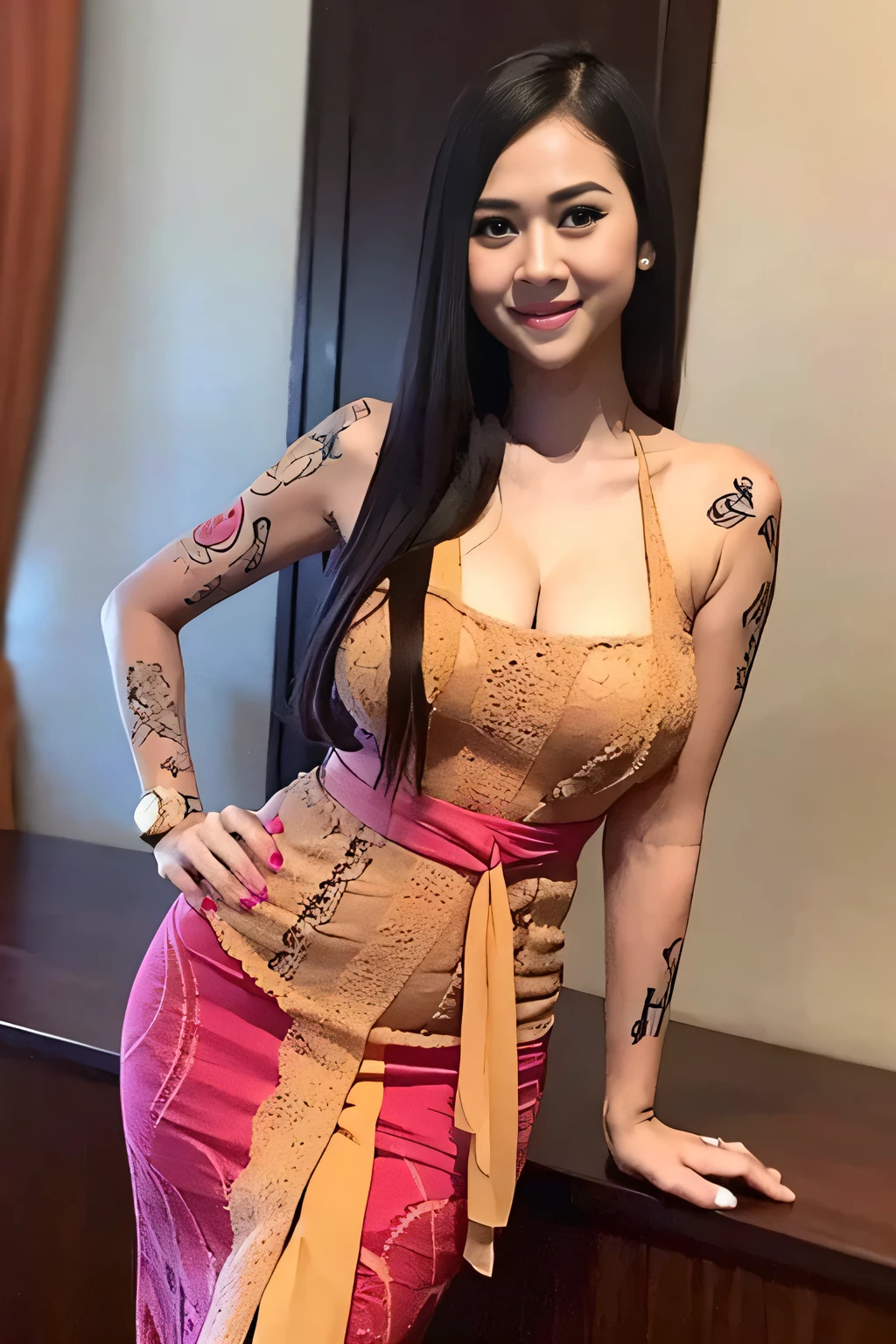 A beauty girl with tattoos on body, beautiful art tattoo detailed, ((text tattoo on pubic:LOVE)), detailed beautiful eyes, big breast, Wearing kebaya dress, elegant