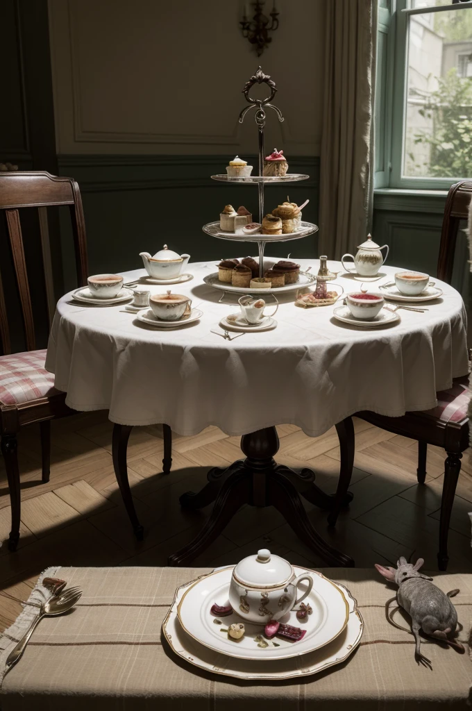 Create a Wonderland afternoon tea setting for a horror short, where there are maggots on the table, dead rats and rabbits, morphed cakes and sweets with maggots coming out of them. Tablecloths must be torn and dirty. The whole scene needs to look like horror.
