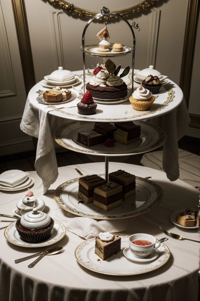 Create a Wonderland afternoon tea setting for a horror short, where there are maggots on the table, dead rats and rabbits, morphed cakes and sweets with maggots coming out of them. Tablecloths must be torn and dirty. The whole scene needs to look like horror.