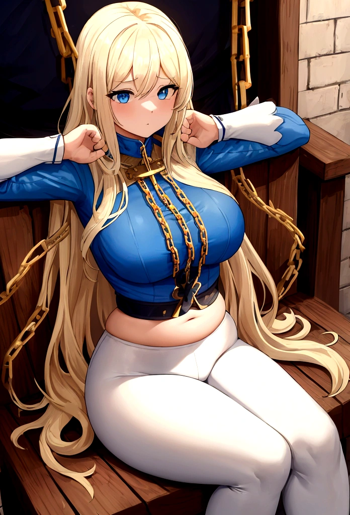1 women, blond long hair, sit on a chair, arms tied upwards with chain,.fat belly, fit, a blue top, white leggins, cellar bacground, связанная веревками