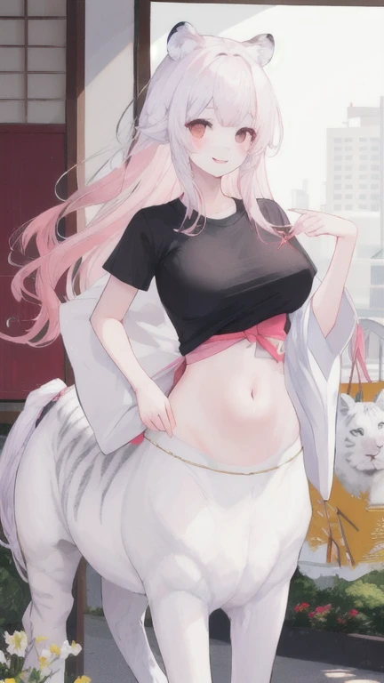 (best quality, masterpiece), 1 girl, centaur, It takes, White skin, Japanese ,((23 year old girl)), black pink,Smiling, exposing the abdomen, belly button t-shirt , 아름다운 소녀 perfect white tiger photo, perfect white tiger photo