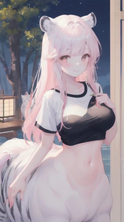 (best quality, masterpiece), 1 girl, centaur, It takes, White skin, Japanese ,((23 year old girl)), black pink,Smiling, exposing the abdomen, belly button t-shirt , 아름다운 소녀 perfect white tiger photo, perfect white tiger photo