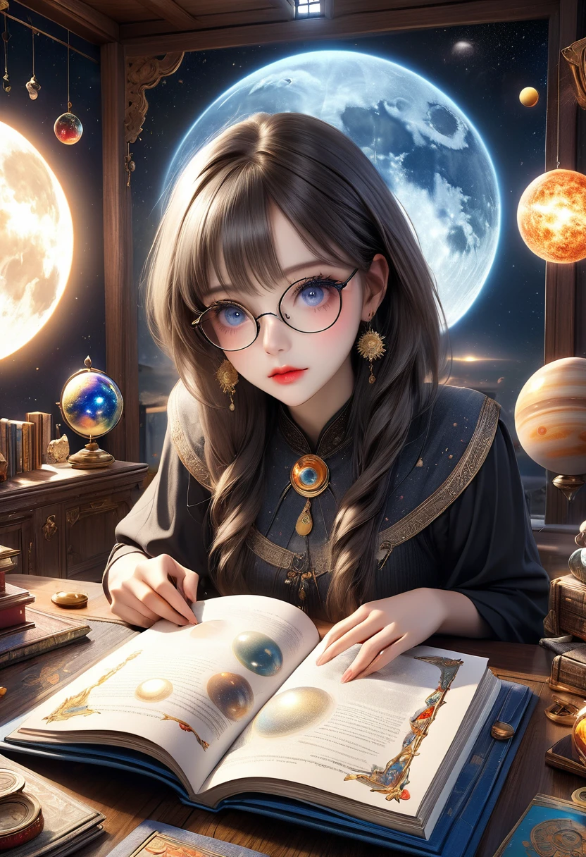 a beautiful cute girl, fortune telling, beautiful detailed eyes, long eyelashes, beautiful detailed lips, an astrologer, astrology book, at the shady fortune-telling house, sun, moon, planets, horoscope, (best quality,4k,8k,highres,masterpiece:1.2),ultra-detailed,(realistic,photorealistic,photo-realistic:1.37), glasses, mysterious atmosphere, mysterious clothes, standing