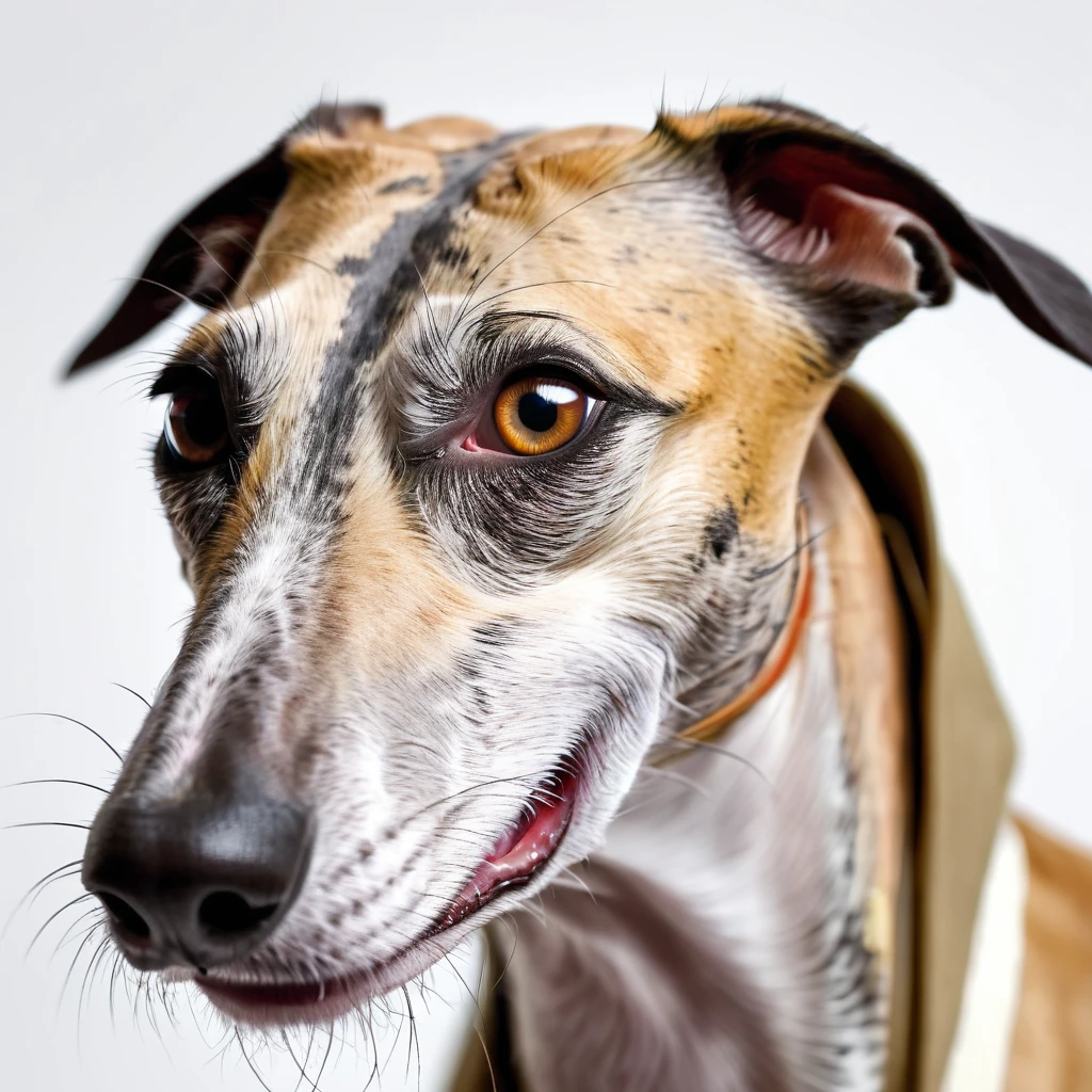 masterpiece, ultra realistic, UHD, 4k, a picture of a happy galgo face sharp focus, white background