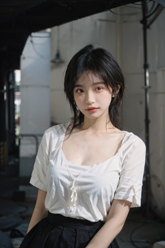1 girl,Model,Upper Body,short hair,A faint smile,serene, calm,Moles under the eyes,Exquisite eyes, Delicate face,Lipstick,earrings,Hair details, skirt,(Dress conservatively:1.3)(Large Breasts:1.2),outdoor,background,城市background,(Skin details:1.4),(Realistic and detailed eyes:1.2), Natural skin texture, Realistic facial details,Close-up of face,Portrait Photography,(Portrait Photography:1.1), (smooth skin textures:1.3), (Highest quality real skin textures:1.4), Direct vision,Soft dramatic lighting, Vivid details, 35 mm film, (Photo Practical:1.4), (hyper Practical:1.4), (Practical:1.3), (Smoother lighting:1.05), (Improve lighting quality:0.9), (Enhance the beauty of skin texture:1.1), Depth of Field, Bokeh, Surrealism, Ray Tracing, ( Surrealism, High Detail, Chiaroscuro, Ray Tracing, reflected light, Ultra HD, Ultra HD, masterpiece, Textured Skin, Super Detail, High Detail, high quality, best quality