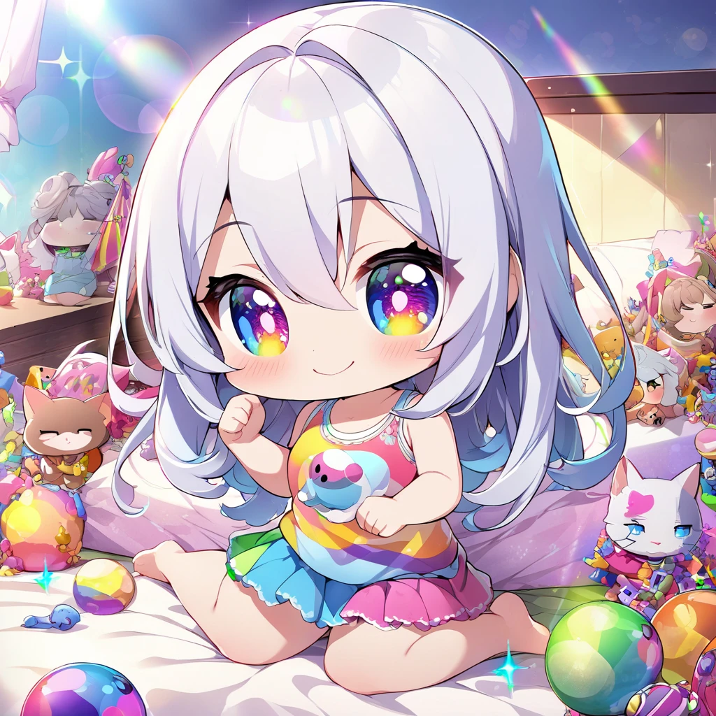 masterpiece, best quality, 4k、2D illustration、one beautiful girl、solo、(((chibi style)))、((vivid colors))、cute chibi、lovely chibi、long beautiful hair, glossy silver hair, hair between eyes, cute、beautifully detailed eyes、((tank top))、((miniskirt))、((colorful))、((happy smile))、sitting on bed、((full body shot))、((kitten)), ((lots of colorful stuff around))、((bed))、sparkle、((lens flare))、