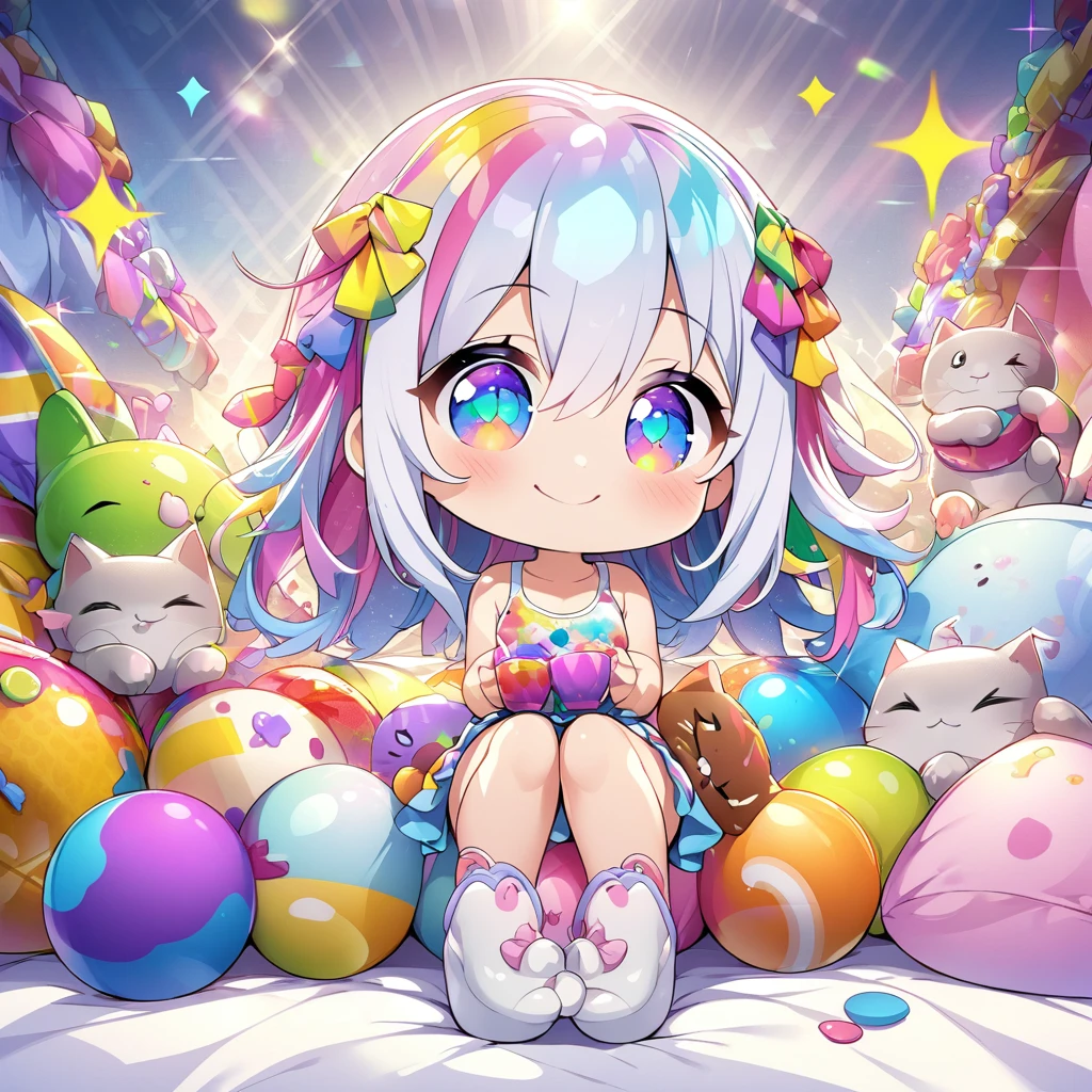masterpiece, best quality, 4k、2D illustration、one beautiful girl、solo、(((chibi style)))、((vivid colors))、cute chibi、lovely chibi、long beautiful hair, glossy silver hair, hair between eyes, cute、beautifully detailed eyes、((tank top))、((miniskirt))、((colorful))、((happy smile))、sitting on bed、((full body shot))、((kitten)), ((lots of colorful stuff around))、((bed))、sparkle、((lens flare))、