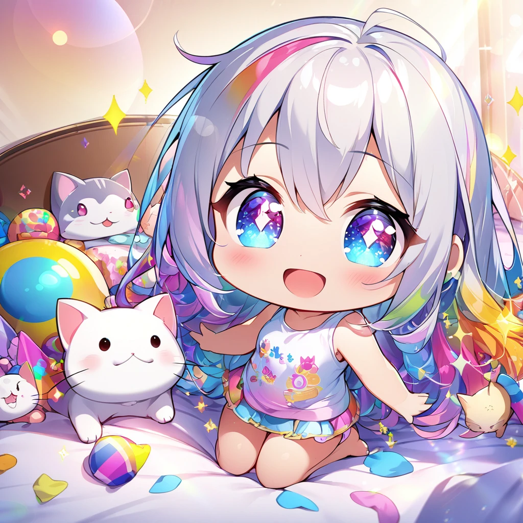 masterpiece, best quality, 4k、2D illustration、one beautiful girl、solo、(((chibi style)))、((vivid colors))、cute chibi、lovely chibi、long beautiful hair, glossy silver hair, hair between eyes, cute、beautifully detailed eyes、((tank top))、((miniskirt))、((colorful))、((happy smile))、sitting on bed、((full body shot))、((kitten)), ((lots of colorful stuff around))、((bed))、sparkle、((lens flare))、