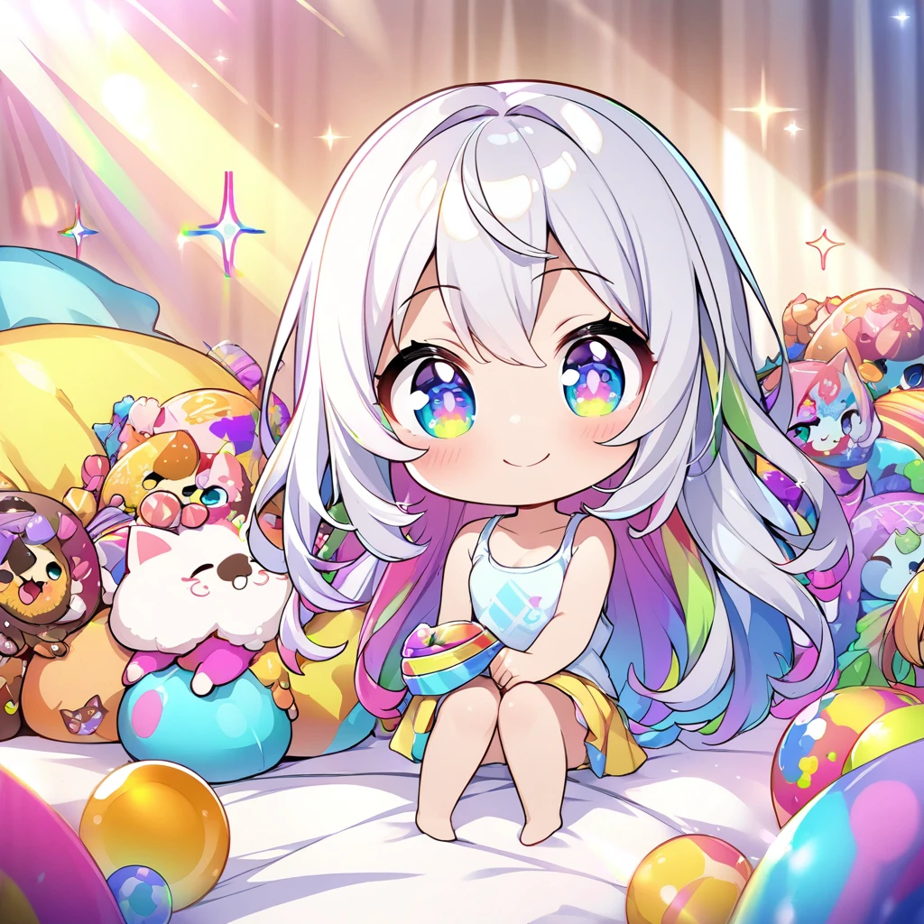 masterpiece, best quality, 4k、2D illustration、one beautiful girl、solo、(((chibi style)))、((vivid colors))、cute chibi、lovely chibi、long beautiful hair, glossy silver hair, hair between eyes, cute、beautifully detailed eyes、((tank top))、((miniskirt))、((colorful))、((happy smile))、sitting on bed、((full body shot))、((kitten)), ((lots of colorful stuff around))、((bed))、sparkle、((lens flare))、
