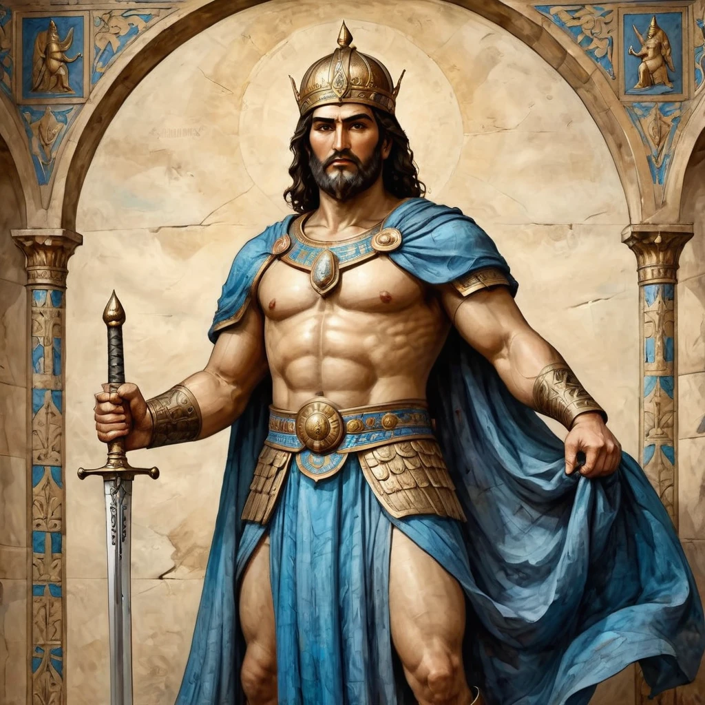 arafed image of a statue of a man holding a sword, an ultrafine detailed painting by Arthur Sarkissian, shutterstock, sots art, great king of stovokor, the god emperor of mankind, portrait of emperor of mankind, maxim sukharev, assyrian, sergey zabelin, painting of samarkand