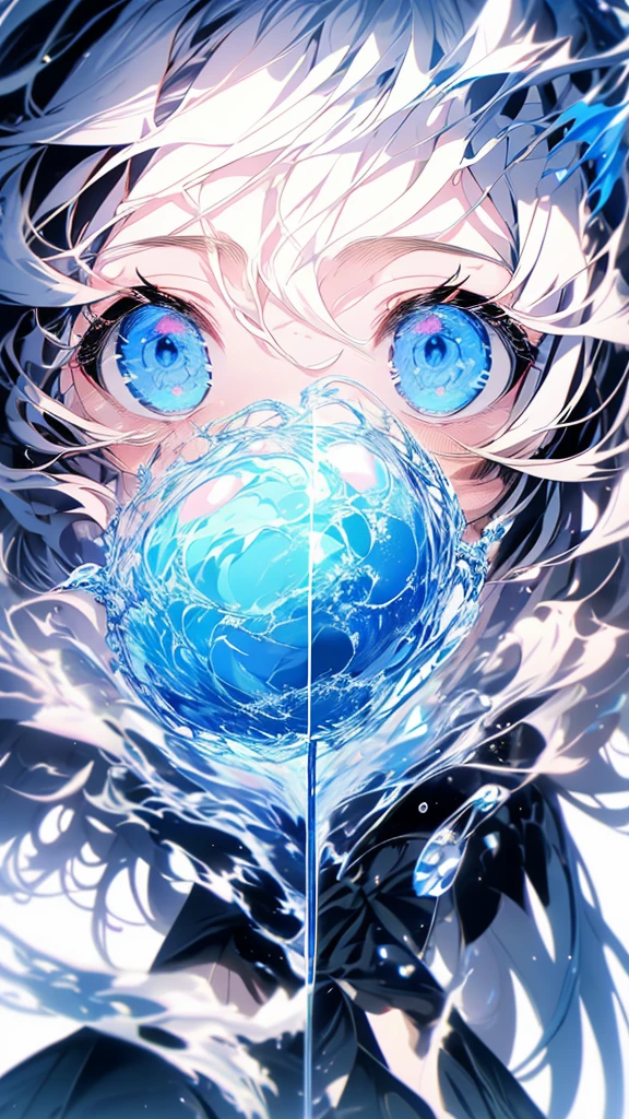 monochrome color, Blue Art, grayscales、masterpiece、top-quality、Top image quality、straight haired、Hanging eyes、kawaii、A dark-haired、blue eyes、the wind、ビル群、長い脚