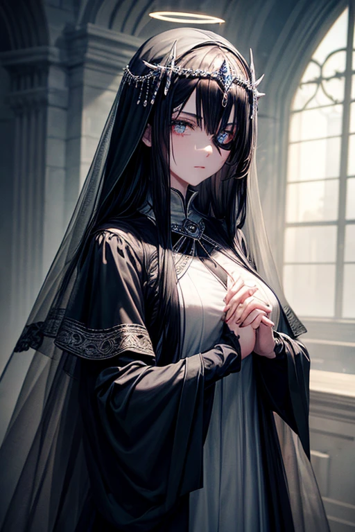 a young dark fantasy church priestess, with long black hair and white streaks, wearing an eyepatch on one eye, and her blueish green eyes, she cares a serious expression on her face and an angel like appearance, she wears elegant yet simple and modest black outfit, with some silver jewelry, she also wears a long see through veil on her head, with a faded sliver star shaped halo at the behind her head, she is holding her hands together symbolizing a prayer gesture.
