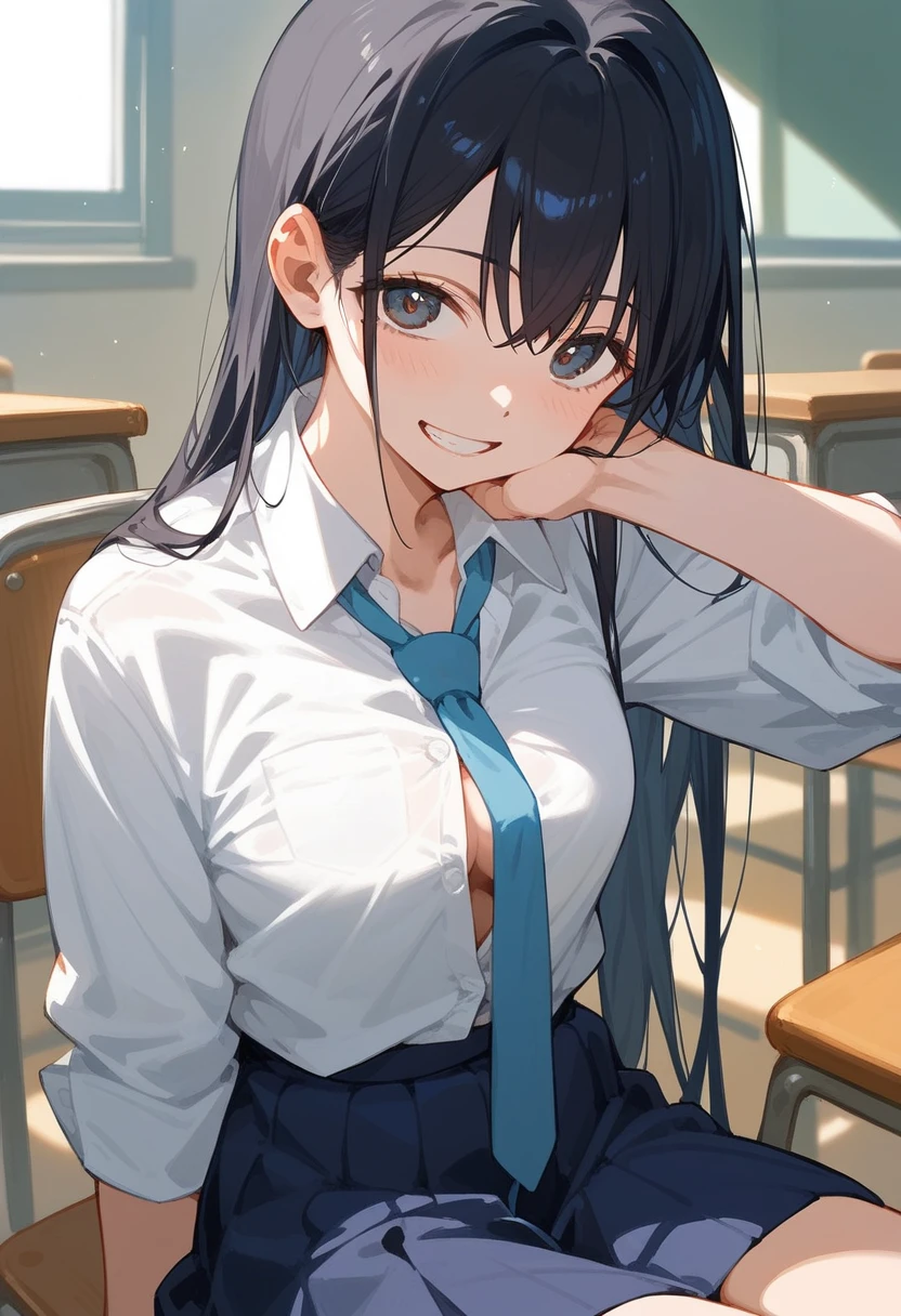 Hoshino Ichika,Project Sekai,project sekai,One girl,grin,high school girl,Blue-black hair,black eye,beautiful girl,long hair,School,White shirt,Blue tie,skirt,Sitting in a chair,Watching the audience,nsfw,The shirt is unbuttoned,Unfolding his shirt,Inviting to have sex,