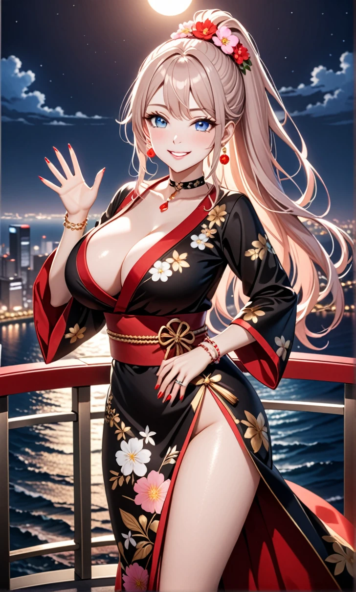 ultra-detailed, ((one girl)), (pale skin:1.3), in pastel colors gyaru, hyper detailed, absurdres, 8K, fair skin, Beautiful Face, (heavy makeup), (Laugh shyly), ((teasing smile:1.8)), ((Wink:1.6)), (Laugh with your mouth wide open),((Tilt your head:1.6)), View your viewers, ((Bright red cheeks:1.6)),Glossy Red Lips, ((blue eyes)), ((Big Breasts:1.5)), ((show off breast:1.2), night, Observation deck with ocean view, ((Anime style background)),masterpiece, Highest quality, so beautiful,Latest, Complex details, (Pink long nails), (nail art), (ring),(bracelet), (Floral choker),AI-generated, Complex,High resolution, Highest quality, super high quality,3D Images、3D Images,One person,long white hair,(High Ponytail), (wavy hair:1.1), Anime woman posing for a photo, ((Fine grain、blue eyes、glowing eyes:1.4)), (Squint your eyes:1.1),a hyperRealistic , hyperRealistic , Realistic,Anime woman with long white, Smooth anime CG art, Girl in black kimono, Gold embroidery, ((black furisode)),(Large floral pattern) Long flower hair ornament,Floral Earrings,Mature Body, tall,Abdominal muscles,Narrow waist,((waving at viewer:1.3)), (front view),