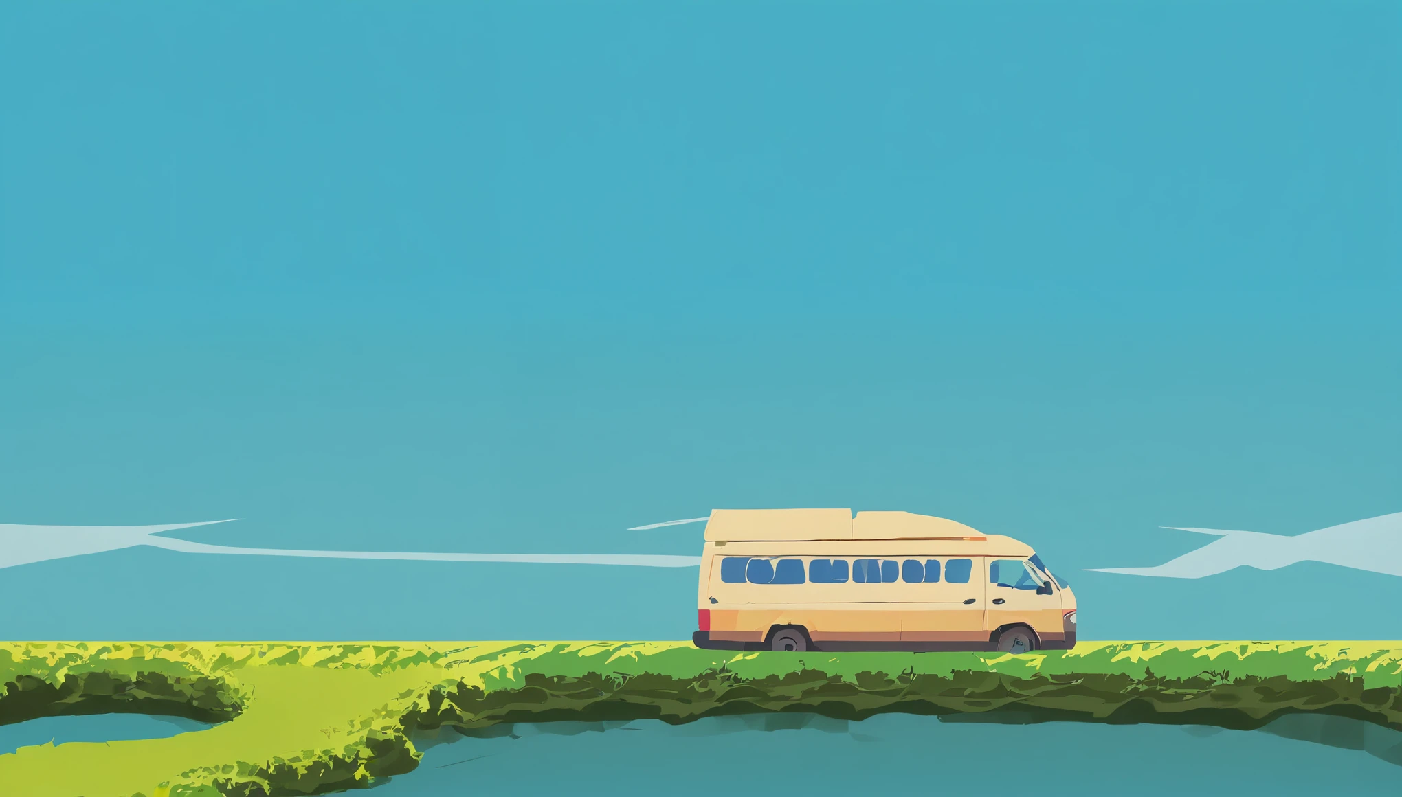 (Minimalism:1.4), A minibus on the road, Studio Ghibli Art, Miyazaki, Pasture with blue sky and white clouds