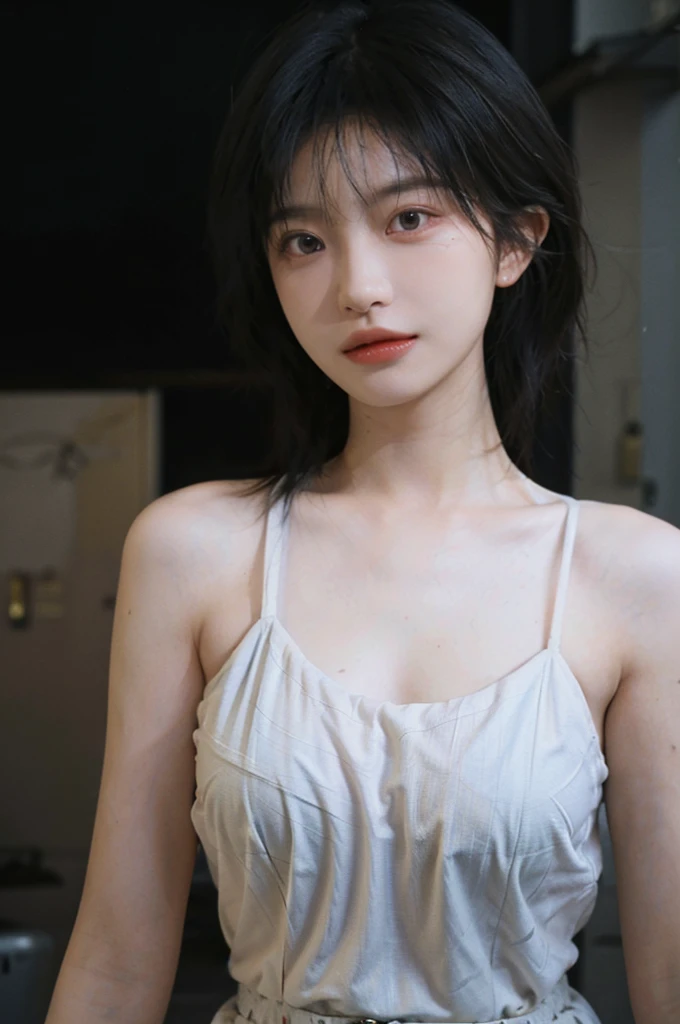 1 girl，Model，Upper Body，short hair,A faint smile,serene, calm，Moles under the eyes,Exquisite eyes, Delicate face,Lipstick,earrings,Hair details, skirt，（Dress conservatively：1.3）(Large Breasts:1.2),outdoor,background,城市background，(Skin details:1.4),(Realistic and detailed eyes：1.2）, Natural skin texture, Realistic facial details,Close-up of face,Portrait Photography,(Portrait Photography:1.1), (smooth skin textures:1.3), (Highest quality real skin textures:1.4), Direct vision,Soft dramatic lighting, Vivid details, 35 mm film, (Photo Practical:1.4), (hyper Practical:1.4), (Practical:1.3), (Smoother lighting:1.05), (Improve lighting quality:0.9), (Enhance the beauty of skin texture:1.1), Depth of Field, Bokeh, Surrealism, Ray Tracing, ( Surrealism, High Detail, Chiaroscuro, Ray Tracing, reflected light, Ultra HD, Ultra HD, masterpiece, Textured Skin, Super Detail, High Detail, high quality, best quality