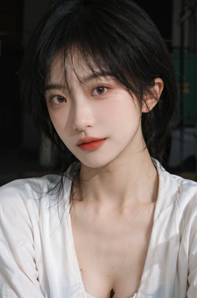 1 girl,Model,Upper Body,short hair,A faint smile,serene, calm,Moles under the eyes,Exquisite eyes, Delicate face,Lipstick,earrings,Hair details, skirt,(Dress conservatively:1.3)(Large Breasts:1.2),outdoor,background,城市background,(Skin details:1.4),(Realistic and detailed eyes:1.2), Natural skin texture, Realistic facial details,Close-up of face,Portrait Photography,(Portrait Photography:1.1), (smooth skin textures:1.3), (Highest quality real skin textures:1.4), Direct vision,Soft dramatic lighting, Vivid details, 35 mm film, (Photo Practical:1.4), (hyper Practical:1.4), (Practical:1.3), (Smoother lighting:1.05), (Improve lighting quality:0.9), (Enhance the beauty of skin texture:1.1), Depth of Field, Bokeh, Surrealism, Ray Tracing, ( Surrealism, High Detail, Chiaroscuro, Ray Tracing, reflected light, Ultra HD, Ultra HD, masterpiece, Textured Skin, Super Detail, High Detail, high quality, best quality
