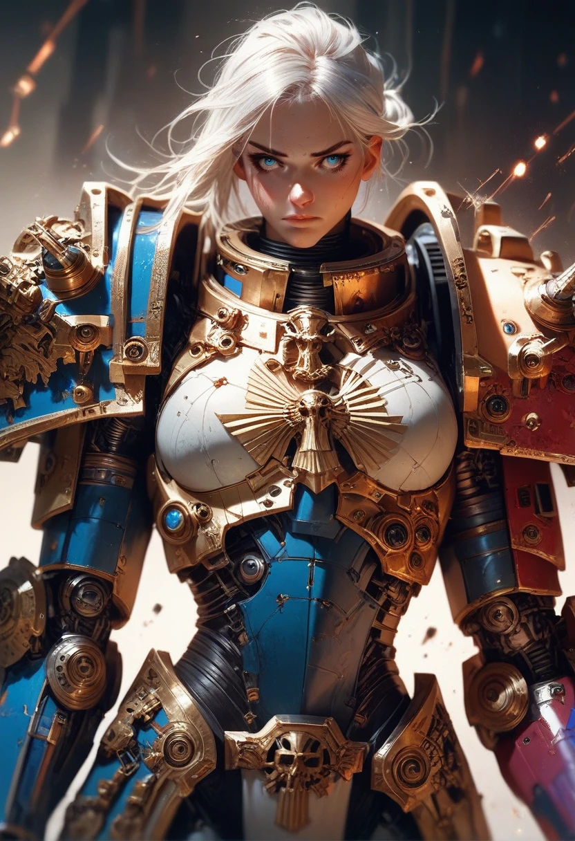 Peerless feminine, blonde hair and long hair, inextricably stranded, beautiful figure, graceful curves, plump ideal type, super exaggerated giant breast weight, gold armor, lying down, thighs, shoulder armor, cuirass, arm armor, elbow armor, leg armor, elegant, extravagant artistic acts, romanticism, (fractal art), vibrant colors, sun glare smooth skin, professional photography close-up, brutalist design, vivid colors, the most beautiful chaotic forms, colorful, multicolorful, from above, front view, golden wings, castle ruins, European French aristocracy in the 50s of the 18th century
