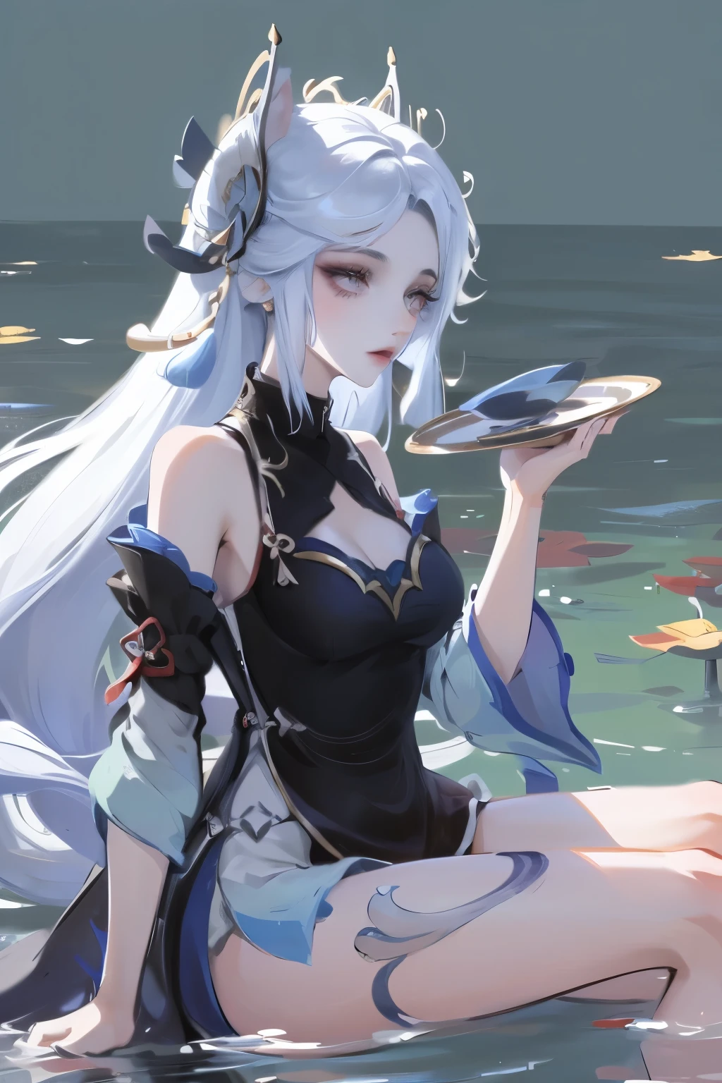 absurd, high resolution, Extremely detailed, (1 Girl:1.3), Hand Painted, Simple lines, -yeld giwearing colorful Chinese Hanfu, Sexy fox ears girl, By the lotus pond, masterpiece, sitting in water, Floating clothes, Flowing hair