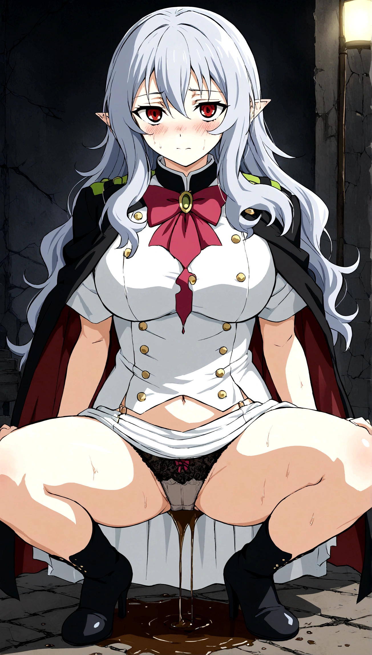 Anime. Owari no Seraph. 1 Girl. Dear . A vampire. Progenitor Clumsy. Silver hair. Wavy hair. Long hair. Red eyes. Beautiful eyes. Perfect eyes. Expressive eyes. Ideal face. Perfect body. Beautiful long ones. legs. Beautiful nose. 18 years. Big breasts. Squatting. Full length Beautiful character design. Shiny skin. Pointy ears. White dress. Vampire uniform dress from
Owari no Seraph. Black stockings. Heeled shoes. Diarrhea. She wants to poop. She needs to poop. She has a strong, desperate urge to poop. Hands on knees. The panties are taken down to the knees. Dirty panties. Panties are stained with liquid feces. Knees together, feet apart. She poops diarrhea. She shit herself. A stream of diarrhea comes out of her butt. Liquid feces flows down my thighs. Ruins of Tokyo. Full body. NSWF. Official art. Extremely detailed CG Unity 8k wallpaper. Ideal lighting. Ultra high resolution 4K. Super detailed 8K. A high resolution.