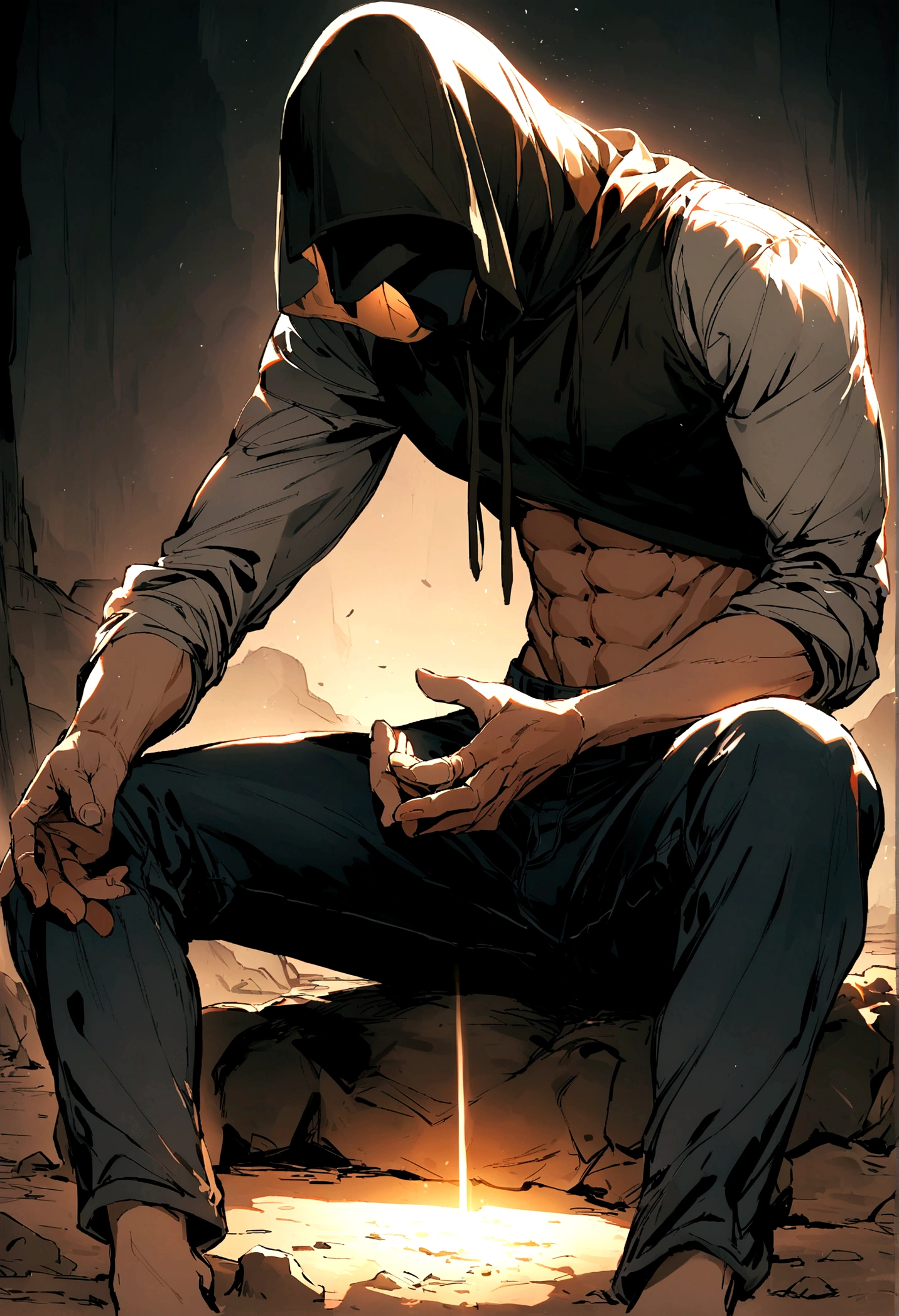 Beauthfull, hidden face, 1 boy, Beauthfull: 1.3, slendered abs: 1.1, jeans , hair brunette , (sitting on the dirt floor with scraped knees,and a light emitting from the hands), Face ultra detailed, Highly detailed lips, detailedeyes, Double eyelids