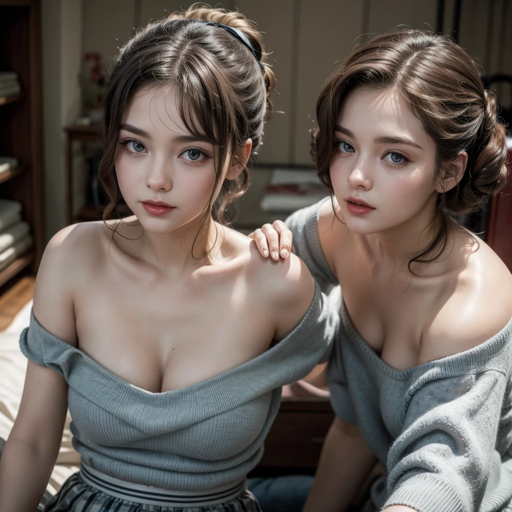 top-quality, 8K picture quality, ​masterpiece, (Professional lighting without shadows), (Two women in love:1.2), (with perfect body、Colossal breasts with tension:1.4), (Bright whitening skin:1.2), (Bright and beautiful blue eyes with plump red tear bags reflect a lot of light.:1.3)、 They wear tight white blouses with crimson ribbon ties, (The clothes are tightly covered from the chest to the neck, so no skin is exposed.:1.8),  (Hold your proud big breasts in both palms and show them off while emphasizing them from the front 1.5),