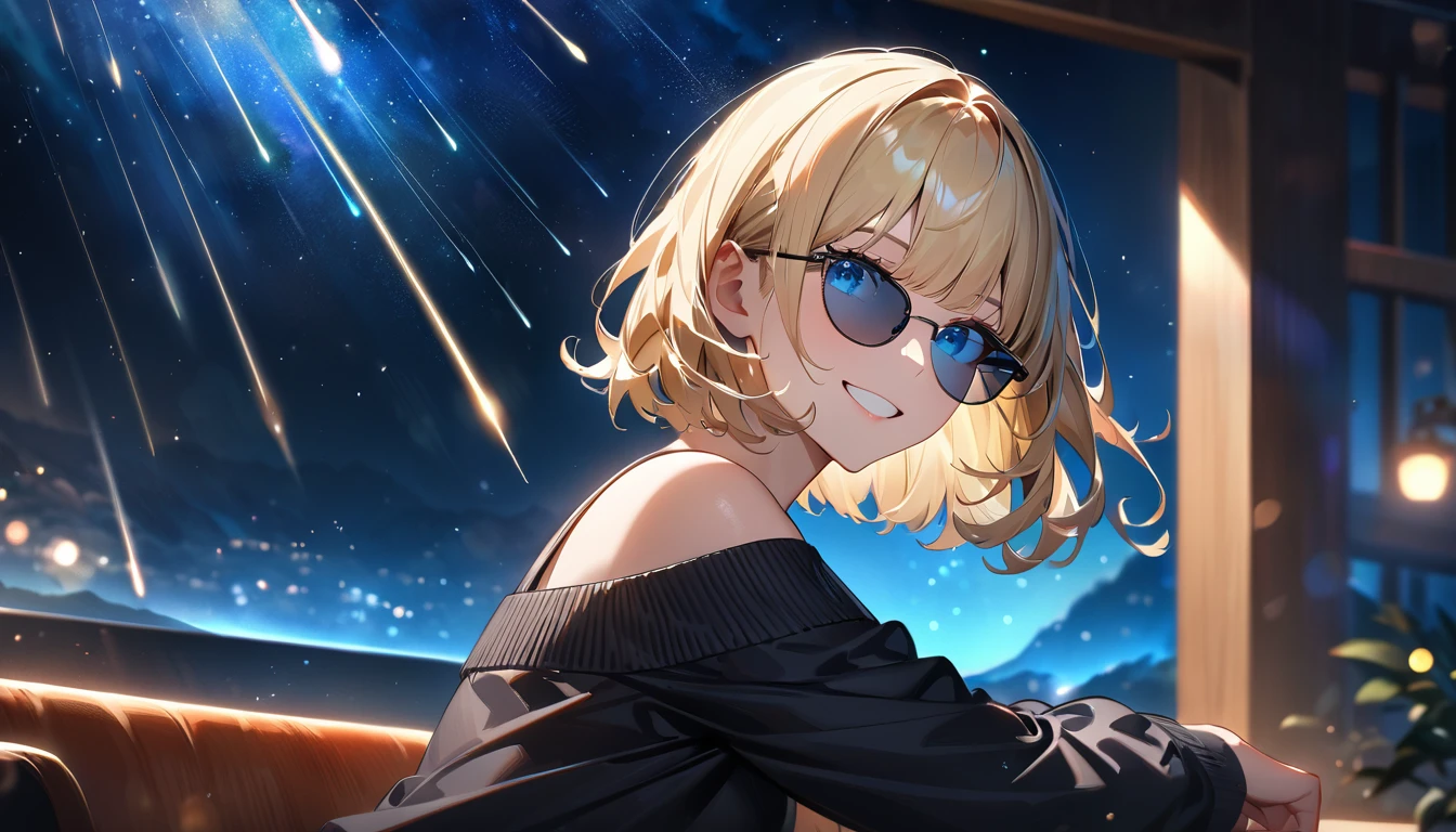 ((grin)), ((off-shoulder sweater:1.3, Quite thick shoulder straps)), ((black sweater)), ((blond hair, bob cut:1.3)), ((sunglasses, hand to sunglasses)), (((from side))), ((((upper body)))), ((Leaning to side)), (((A meteor shower dancing in the night sky, countless stars twinkling in the clear air))), ((sitting on the very high cliff)), wavy hair, inward curled hair, ((sea, nature)), breasts, teenager, (looking at viewer), oversized clothes, puffy long sleeves, collarbone, head tilt:1.3, (((blue eyes))), happy smile, (((anime style))), (best quality, 4K, 8K, highres, masterpiece:1.2, ultra-detailed, ultra-detailed eyes, HDR, uhd, studio lighting, ultra-fine painting, sharp focus, physically-based rendering, extreme detail description, professional, vivid colors, bokeh)