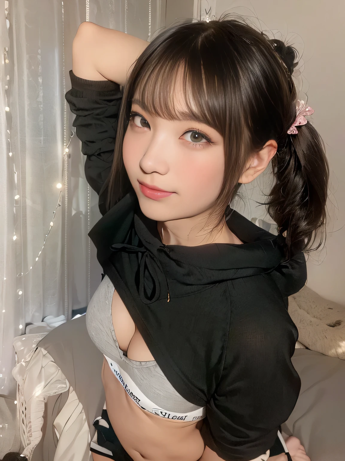 There is a woman sitting on bed in a black jacket, Girl cute beautiful face, pretty girl, Black haired girl wearing a hoodie, Ulzzang, Chiho, Black Pigtails, Yoshitomo Nara, Young and pretty Asian face, Cute Core, 若くてpretty girl, Trending on cgstation