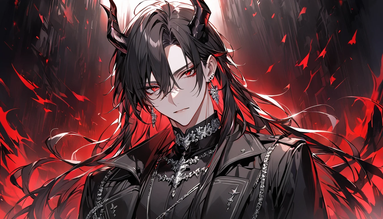 alone, good looking, 1 male, Long hair, Middle parted hair, Black hair, Red eyes, Black shirt, White Thailand, Black Trench Coat, Royal Silver Jewellery, Royal Demon Earrings, Black horns, Front Facing, Vtuber Front Facing Camera