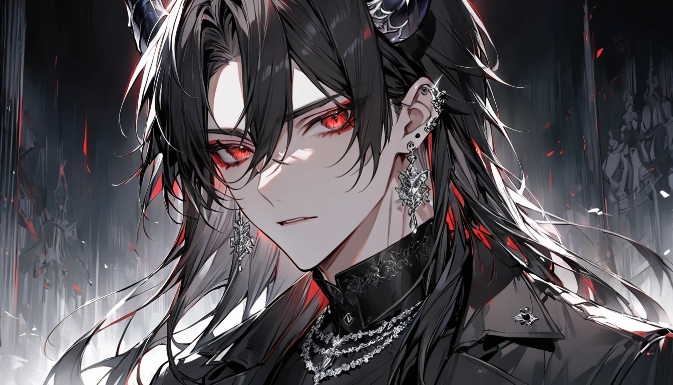 alone, good looking, 1 male, Long hair, Middle parted hair, Black hair, Red eyes, Black shirt, White Thailand, Black Trench Coat, Royal Silver Jewellery, Royal Demon Earrings, Black horns, Front Facing, Vtuber Front Facing Camera