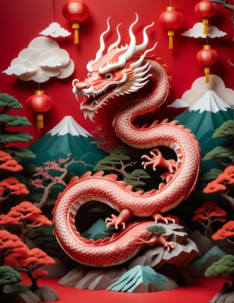 detailed dollp, plastic skin, detailed hair, smooth hair,
eastern dragon,chinese dragon,(solo:1.5),centered of dragon head,serpentine,majestic,pinetrees,paper lanterns,mountain,clouds,Spring Festival,Flat style,illustration,redbackground,high detail,high quality,completed
mt.fuji