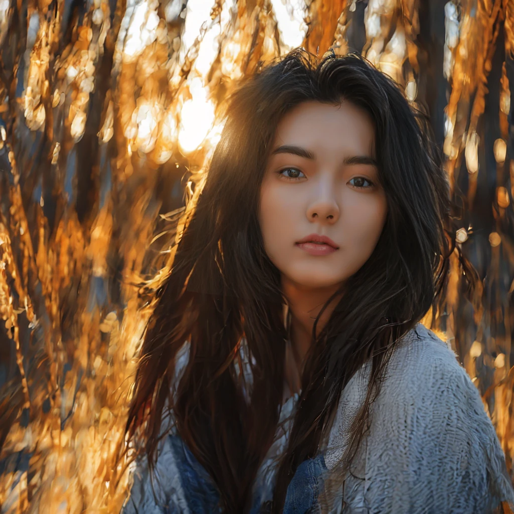 
A photorealistic portrait of a 21-year-old colombian girl with long, flowing dark hair and striking dark eyes. She should have a natural, approachable expression and be illuminated by soft, golden-hour sunlight. The background should be a scenic outdoor setting, perhaps a sunlit park or beach. Capture this image with a high-resolution photograph using an 85mm lens for a flattering perspective