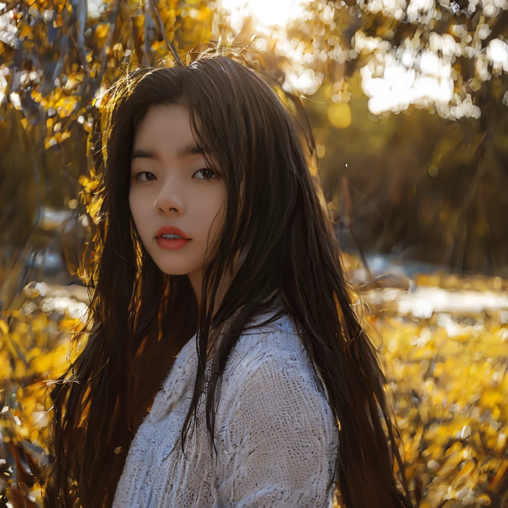 A photorealistic portrait of a 21-year-old colombian girl with long, flowing dark hair and striking dark eyes. She should have a natural, approachable expression and be illuminated by soft, golden-hour sunlight. The background should be a scenic outdoor setting, perhaps a sunlit park or beach. Capture this image with a high-resolution photograph using an 85mm lens for a flattering perspective