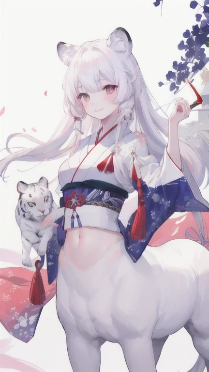 (best quality, masterpiece), 1 girl, centaur, It takes,Japanese ,smiley face,exposing the abdomen, belly button t-shirt,아름다운 소녀 perfect white tiger photo, perfect white tiger photo