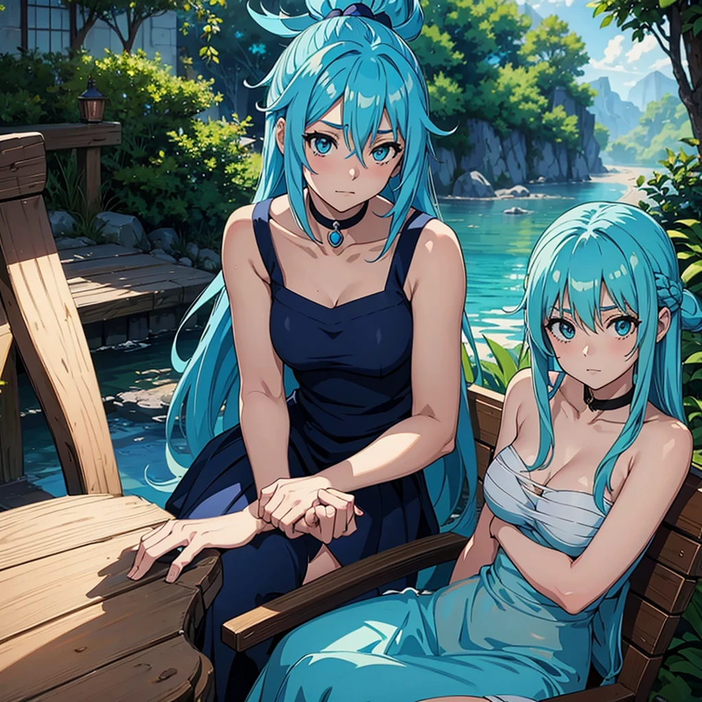 masterpiece, Best quality, anime style, Aqua from the anime Konosuba, naked, blue hair, sitting on a chair, Fantasy Middle Ages,choker, bandages on the body