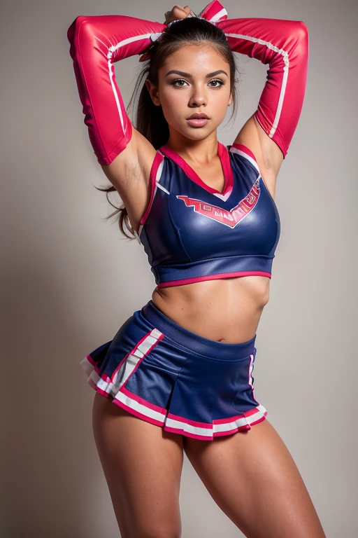 Woman in cheerleader uniform posing for a photo., Adriana Chechik, a teenage cheerleader, isabela moner, by Wayne England, olivia blame, Portrait Sophie Mudd, promotional session, full body shot, Fitted garment, on top of it, leg and thigh shot, playful and happy, with natural light background